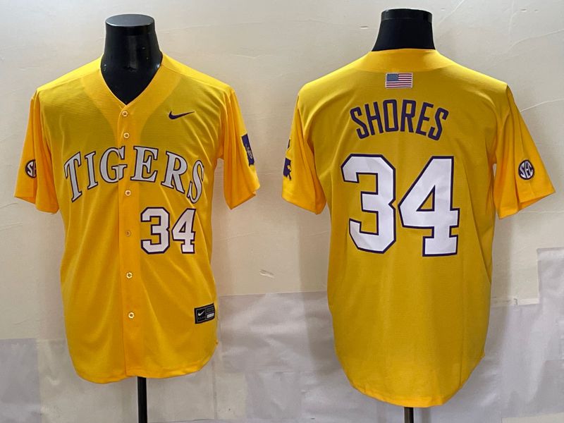 Men 2025 LSU Tigers #34 Shores Yellow Nike Joint Name Nike NCAA Jersey style 6->washington commanders->NFL Jersey